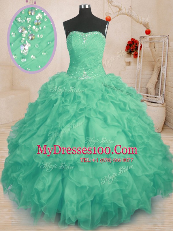 Flare Sleeveless Organza Floor Length Lace Up 15 Quinceanera Dress in Turquoise with Beading and Ruffles and Ruching