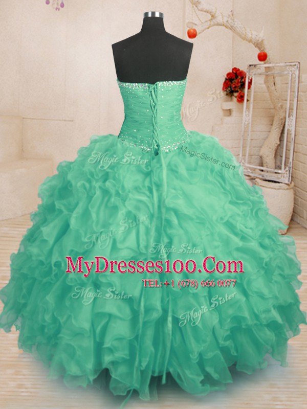 Flare Sleeveless Organza Floor Length Lace Up 15 Quinceanera Dress in Turquoise with Beading and Ruffles and Ruching