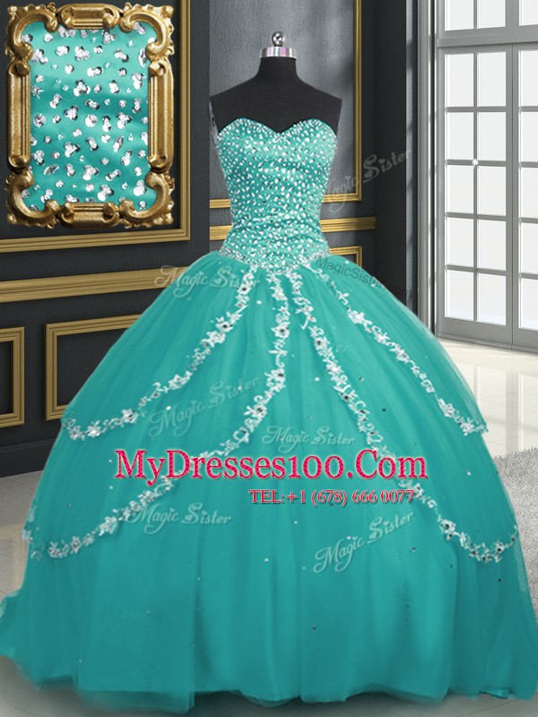 Gorgeous Turquoise Tulle Lace Up Sweetheart Sleeveless With Train 15 Quinceanera Dress Brush Train Beading and Appliques