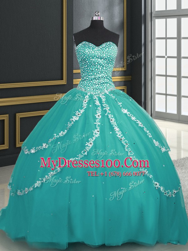 Gorgeous Turquoise Tulle Lace Up Sweetheart Sleeveless With Train 15 Quinceanera Dress Brush Train Beading and Appliques