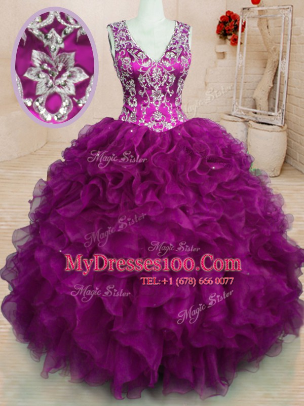 Superior Organza Sleeveless Floor Length 15th Birthday Dress and Beading and Embroidery and Ruffles