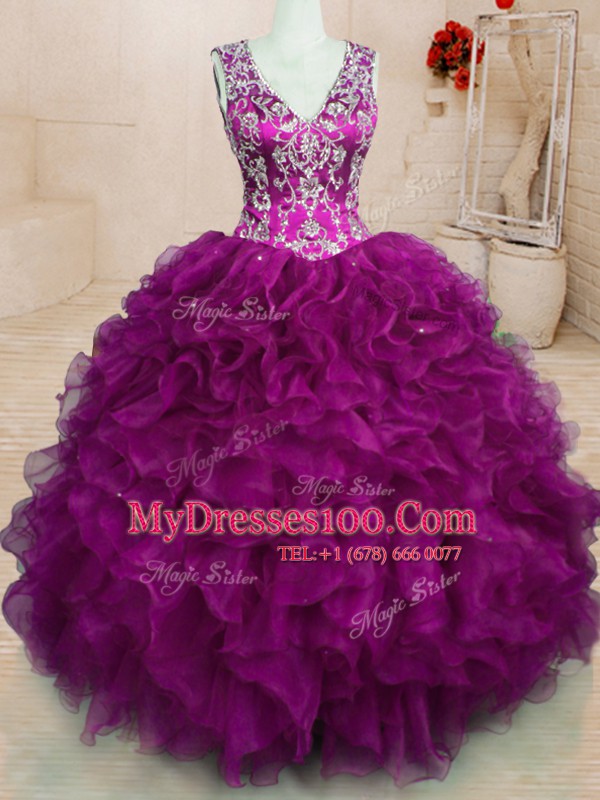 Superior Organza Sleeveless Floor Length 15th Birthday Dress and Beading and Embroidery and Ruffles