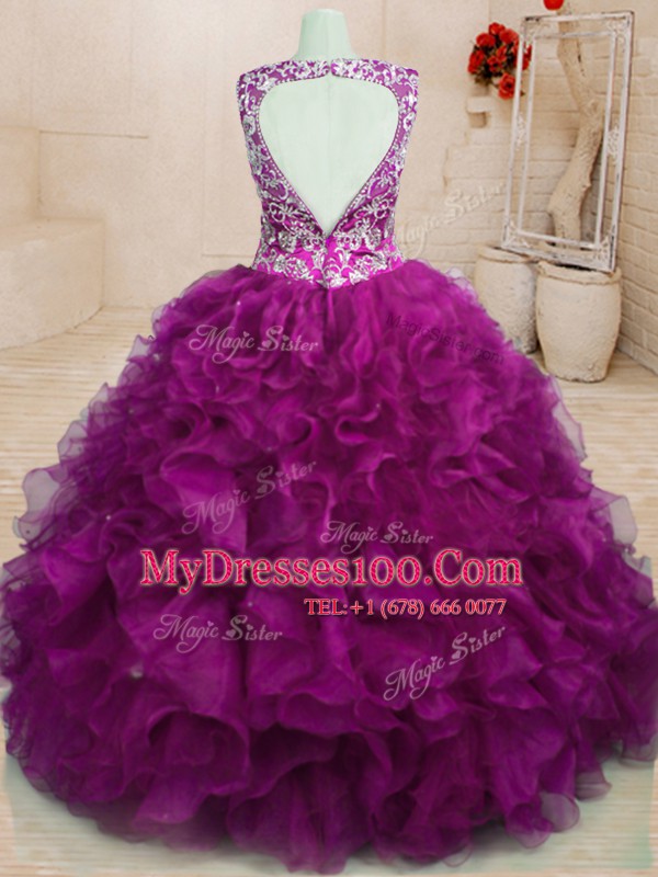 Superior Organza Sleeveless Floor Length 15th Birthday Dress and Beading and Embroidery and Ruffles