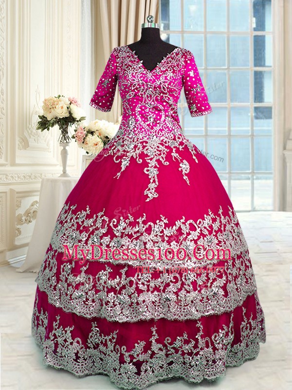 Spectacular Ruffled V-neck Half Sleeves Zipper Quinceanera Dress Red and Hot Pink Satin and Tulle