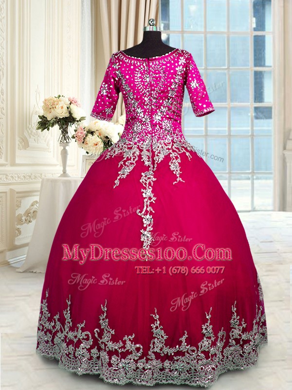 Spectacular Ruffled V-neck Half Sleeves Zipper Quinceanera Dress Red and Hot Pink Satin and Tulle