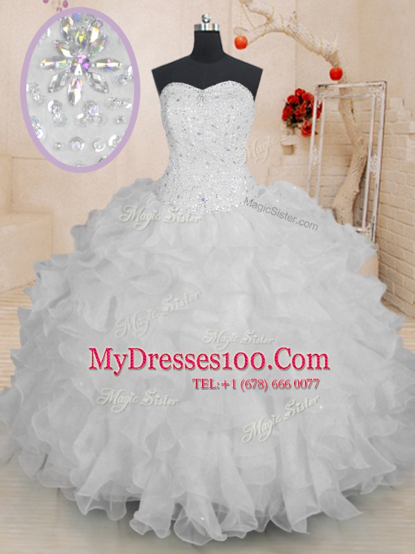 Best Floor Length Lace Up Sweet 16 Quinceanera Dress White for Military Ball and Sweet 16 and Quinceanera with Beading and Ruffles