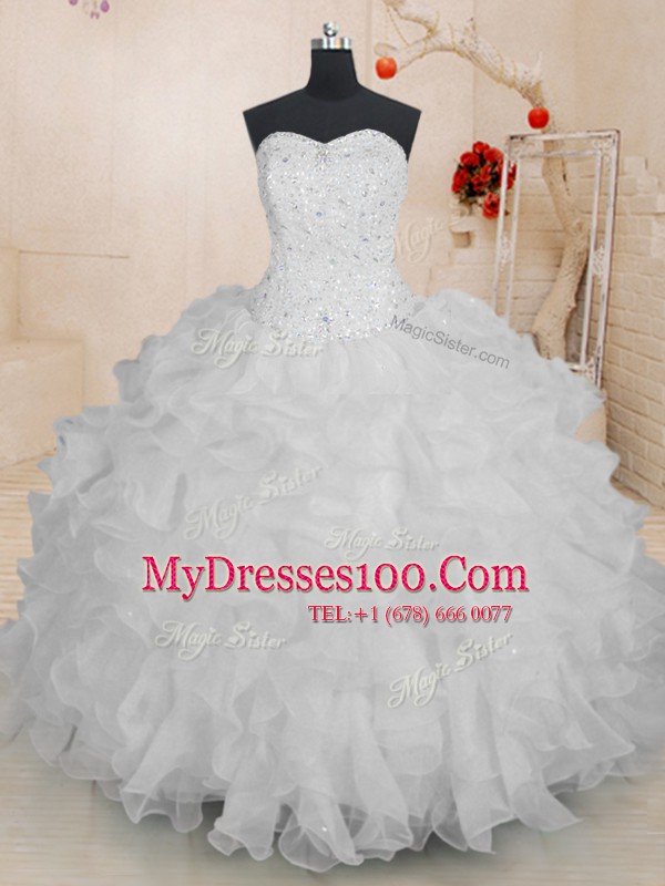Best Floor Length Lace Up Sweet 16 Quinceanera Dress White for Military Ball and Sweet 16 and Quinceanera with Beading and Ruffles