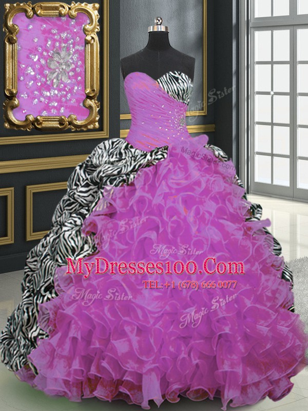 Fuchsia Organza and Printed Lace Up Sweetheart Sleeveless With Train Vestidos de Quinceanera Brush Train Beading and Ruffles and Pattern