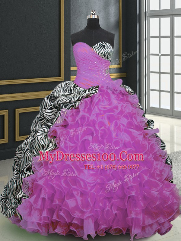 Fuchsia Organza and Printed Lace Up Sweetheart Sleeveless With Train Vestidos de Quinceanera Brush Train Beading and Ruffles and Pattern
