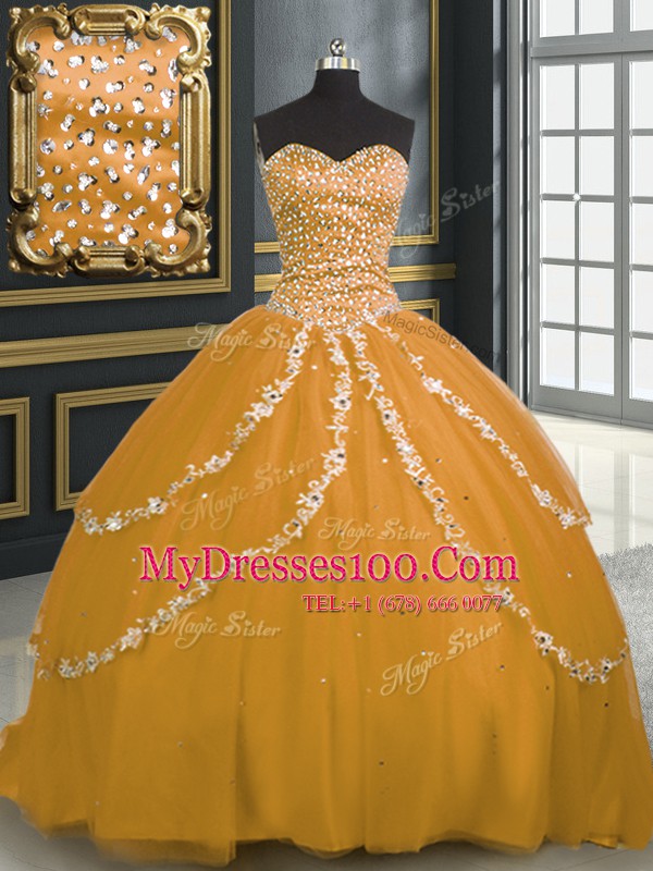 Stylish Tulle Sweetheart Sleeveless Brush Train Lace Up Beading and Appliques Sweet 16 Quinceanera Dress in Gold