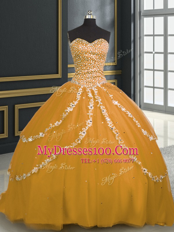Stylish Tulle Sweetheart Sleeveless Brush Train Lace Up Beading and Appliques Sweet 16 Quinceanera Dress in Gold
