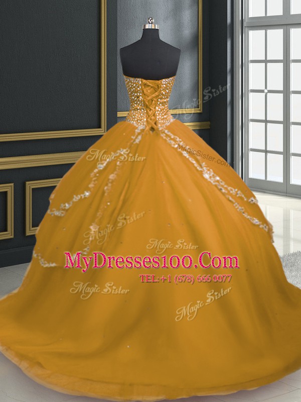 Stylish Tulle Sweetheart Sleeveless Brush Train Lace Up Beading and Appliques Sweet 16 Quinceanera Dress in Gold