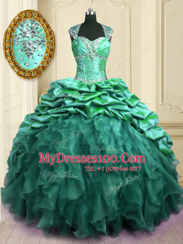 Sophisticated Turquoise Organza and Taffeta Lace Up Ball Gown Prom Dress Cap Sleeves With Brush Train Beading and Ruffles and Pick Ups