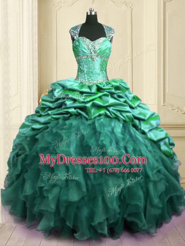 Sophisticated Turquoise Organza and Taffeta Lace Up Ball Gown Prom Dress Cap Sleeves With Brush Train Beading and Ruffles and Pick Ups