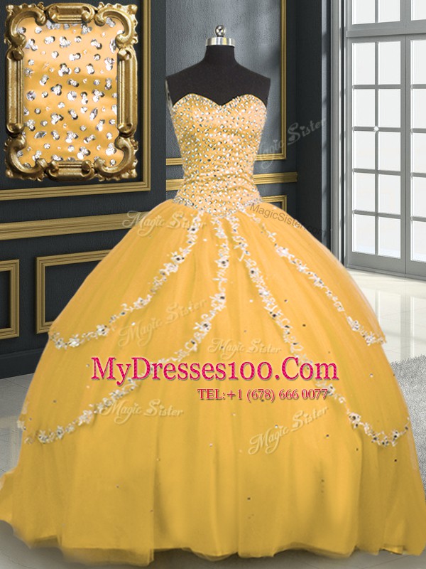 Designer With Train Lace Up 15 Quinceanera Dress Gold for Military Ball and Sweet 16 and Quinceanera with Beading and Appliques Brush Train