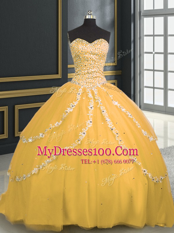 Designer With Train Lace Up 15 Quinceanera Dress Gold for Military Ball and Sweet 16 and Quinceanera with Beading and Appliques Brush Train