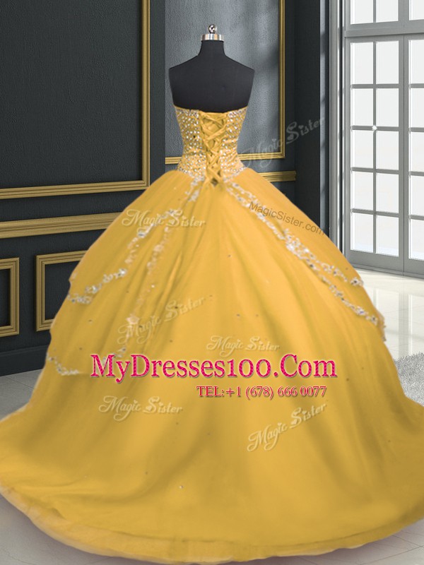 Designer With Train Lace Up 15 Quinceanera Dress Gold for Military Ball and Sweet 16 and Quinceanera with Beading and Appliques Brush Train