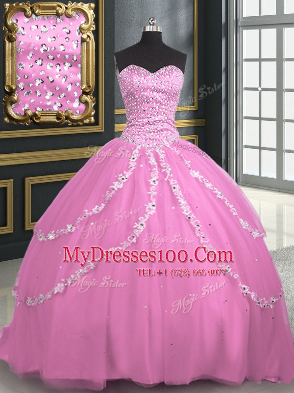 Sleeveless Brush Train Lace Up With Train Beading and Appliques Sweet 16 Dress