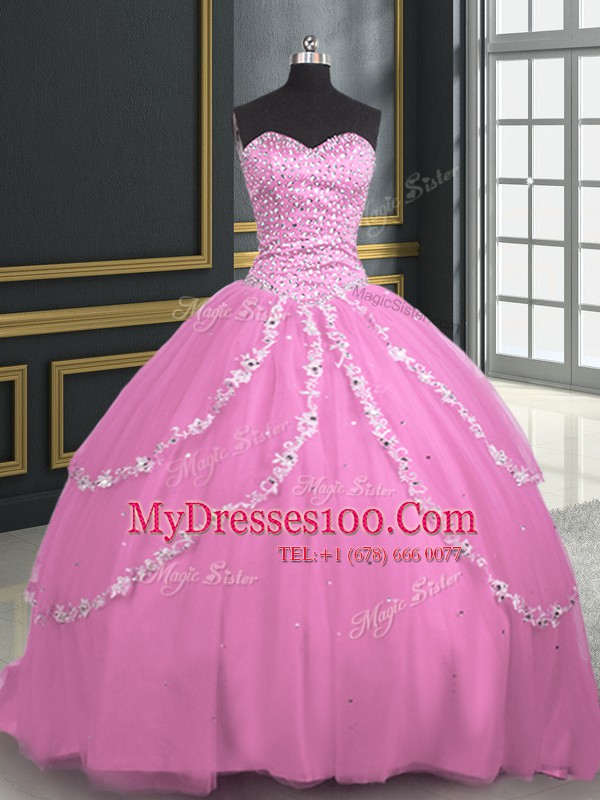 Sleeveless Brush Train Lace Up With Train Beading and Appliques Sweet 16 Dress