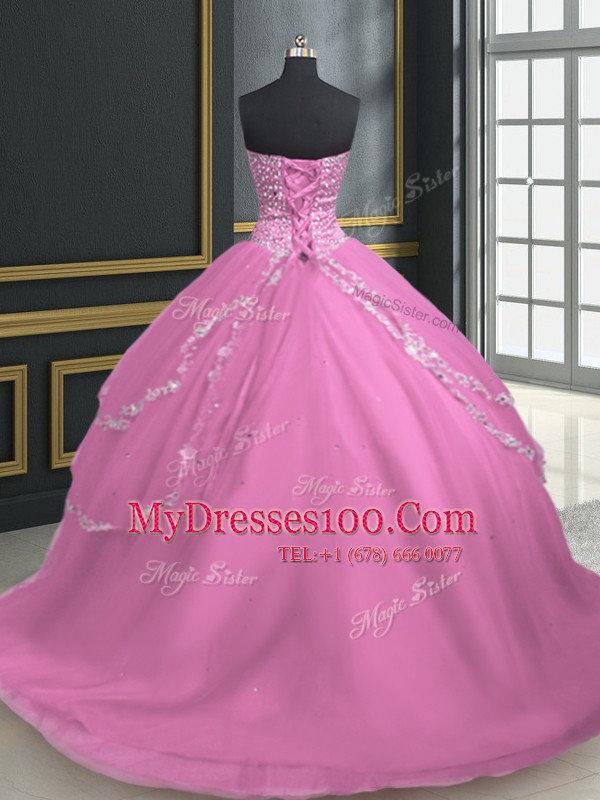 Sleeveless Brush Train Lace Up With Train Beading and Appliques Sweet 16 Dress
