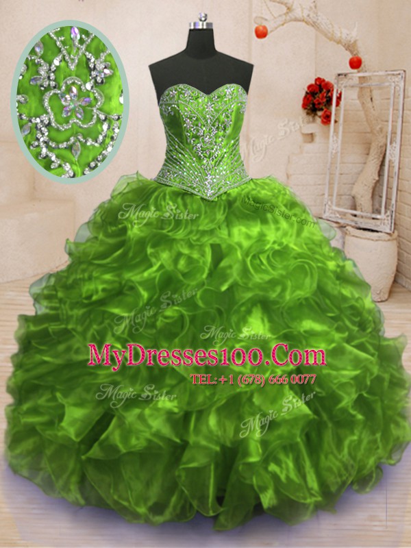 Best Olive Green Sweetheart Neckline Beading and Ruffles Ball Gown Prom Dress Sleeveless Lace Up