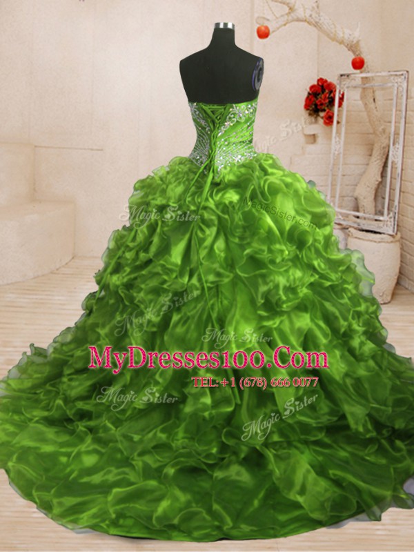 Best Olive Green Sweetheart Neckline Beading and Ruffles Ball Gown Prom Dress Sleeveless Lace Up