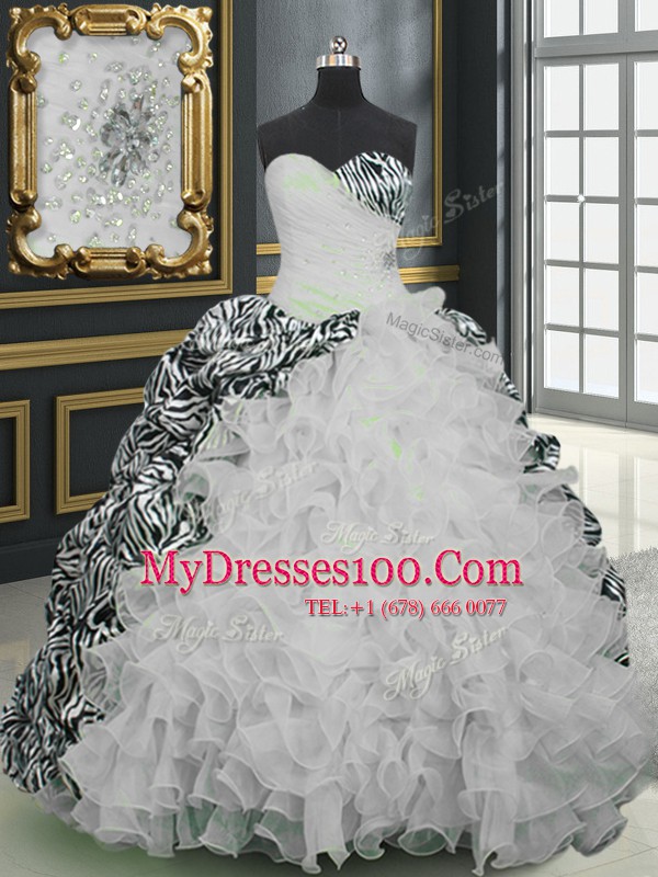 Spectacular Organza and Printed Sleeveless With Train Vestidos de Quinceanera Brush Train and Beading and Ruffles and Pattern