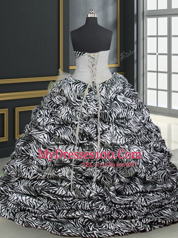 Spectacular Organza and Printed Sleeveless With Train Vestidos de Quinceanera Brush Train and Beading and Ruffles and Pattern