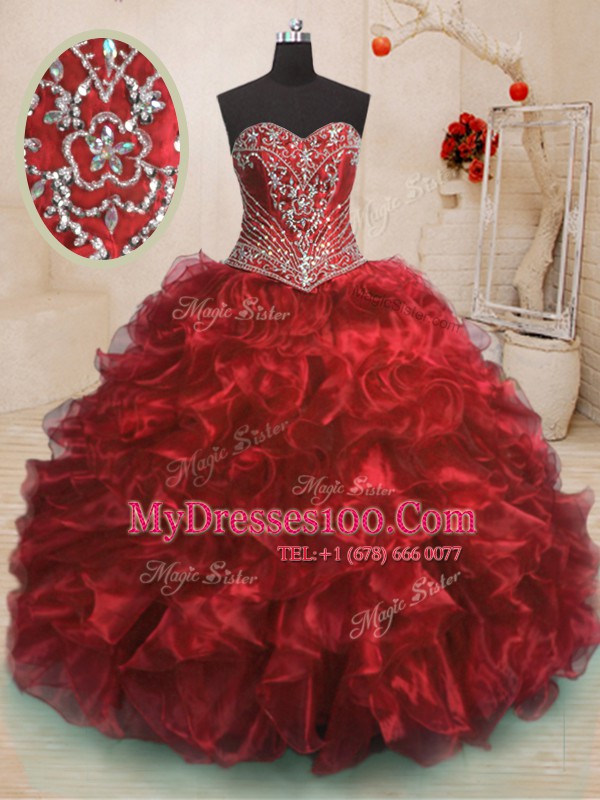 Modest Sleeveless Organza With Train Sweep Train Lace Up Sweet 16 Dresses in Wine Red with Beading and Ruffles