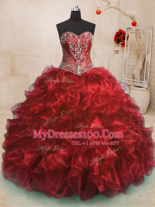 Modest Sleeveless Organza With Train Sweep Train Lace Up Sweet 16 Dresses in Wine Red with Beading and Ruffles