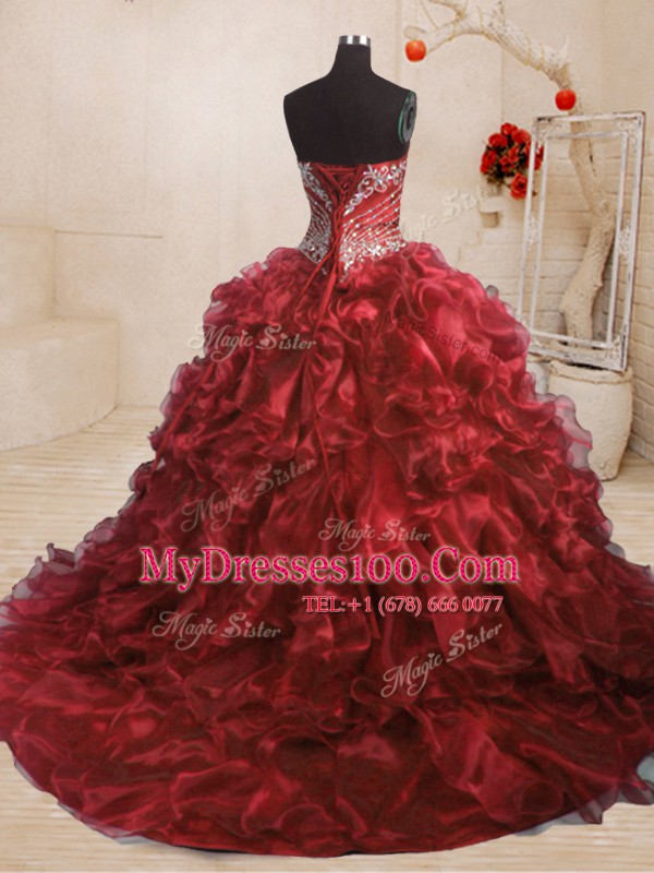 Modest Sleeveless Organza With Train Sweep Train Lace Up Sweet 16 Dresses in Wine Red with Beading and Ruffles