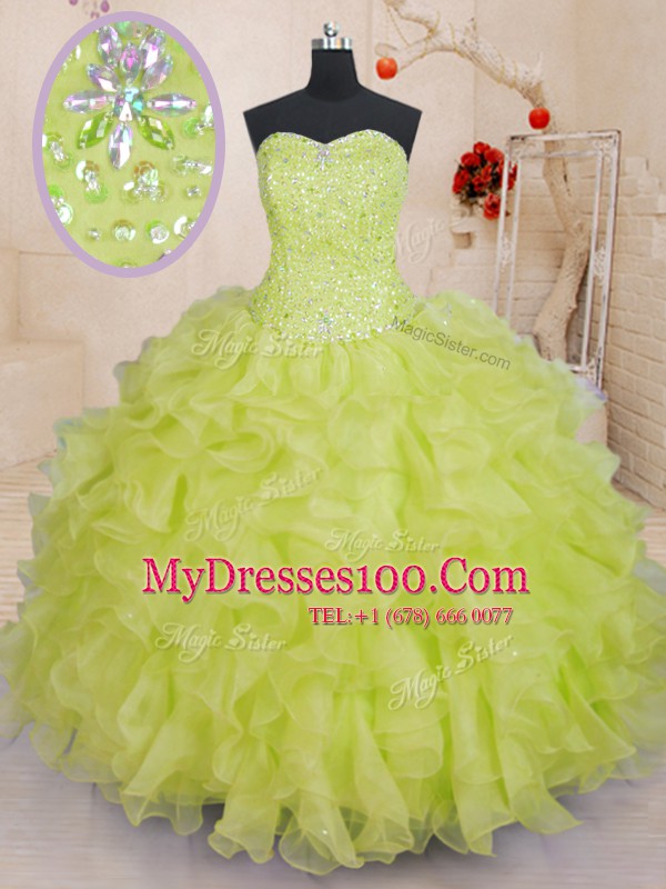 Yellow Green Lace Up Sweetheart Beading and Ruffles 15th Birthday Dress Organza Sleeveless