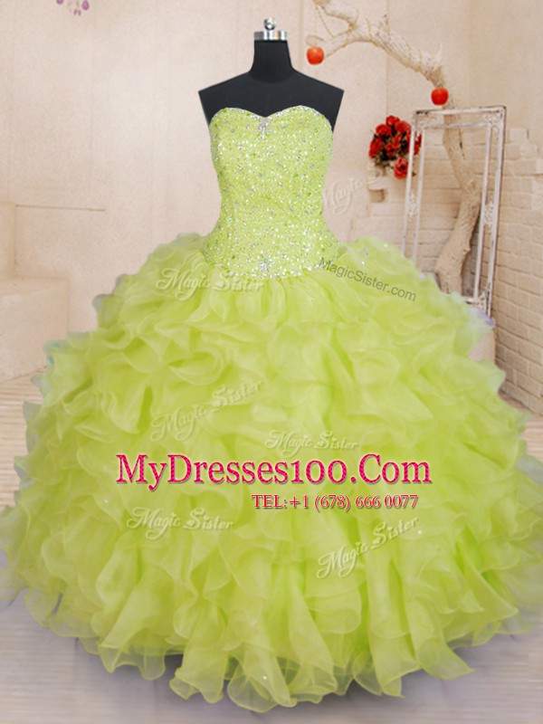 Yellow Green Lace Up Sweetheart Beading and Ruffles 15th Birthday Dress Organza Sleeveless