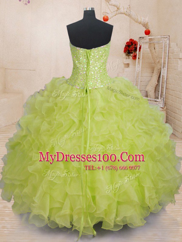Yellow Green Lace Up Sweetheart Beading and Ruffles 15th Birthday Dress Organza Sleeveless