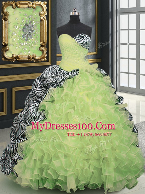 Yellow Green Organza and Printed Lace Up Vestidos de Quinceanera Sleeveless With Brush Train Beading and Ruffles and Pattern