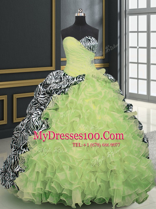 Yellow Green Organza and Printed Lace Up Vestidos de Quinceanera Sleeveless With Brush Train Beading and Ruffles and Pattern