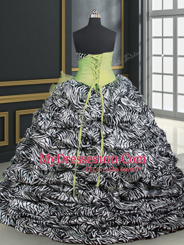 Yellow Green Organza and Printed Lace Up Vestidos de Quinceanera Sleeveless With Brush Train Beading and Ruffles and Pattern
