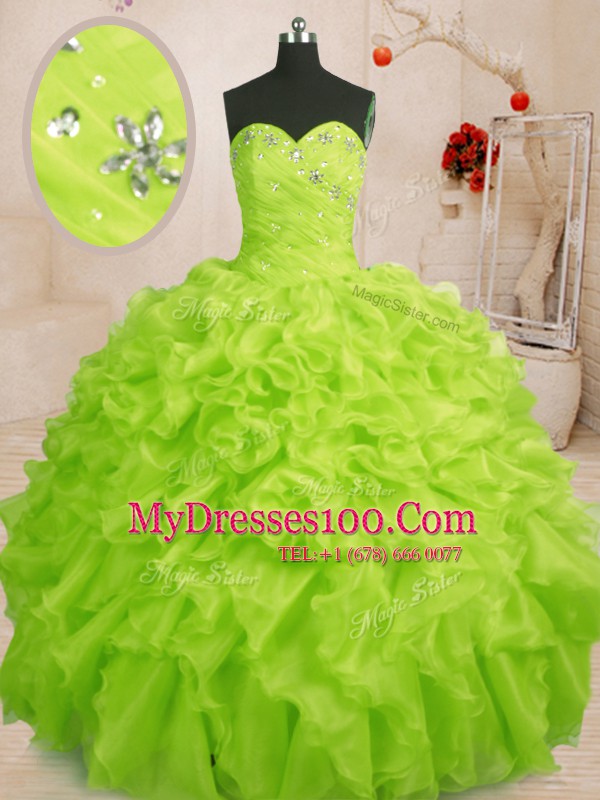 Beauteous Beading and Ruffles 15th Birthday Dress Yellow Green Lace Up Sleeveless Floor Length