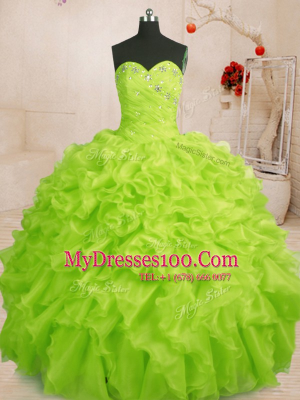 Beauteous Beading and Ruffles 15th Birthday Dress Yellow Green Lace Up Sleeveless Floor Length