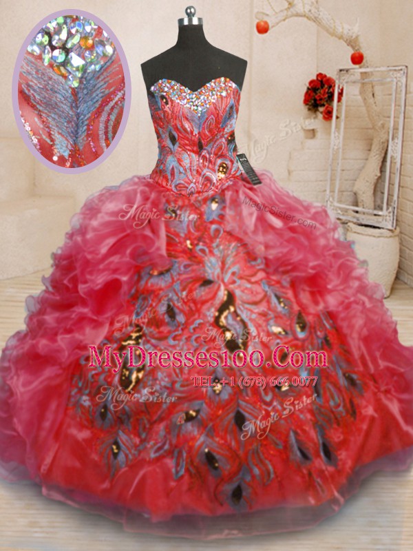 Ideal Red Sweetheart Zipper Beading and Appliques and Ruffles Quinceanera Dress Sleeveless