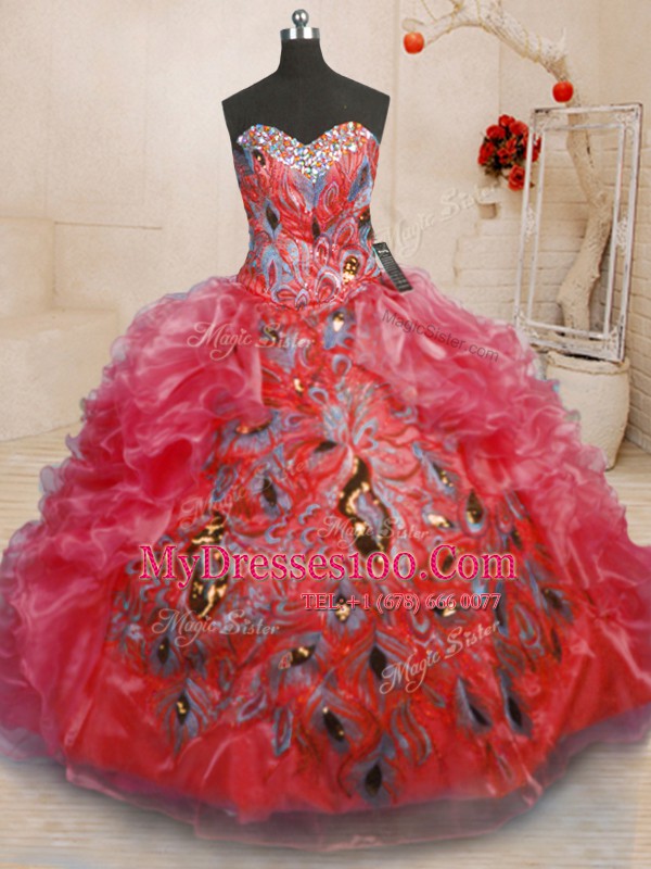 Ideal Red Sweetheart Zipper Beading and Appliques and Ruffles Quinceanera Dress Sleeveless