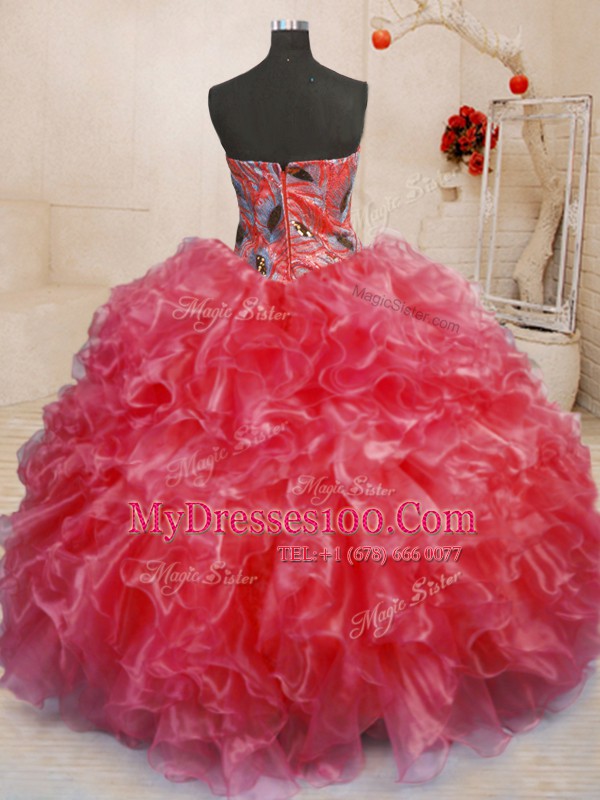 Ideal Red Sweetheart Zipper Beading and Appliques and Ruffles Quinceanera Dress Sleeveless