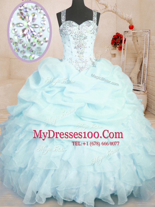 New Style Sleeveless Organza Floor Length Zipper Vestidos de Quinceanera in Light Blue with Beading and Ruffles and Pick Ups