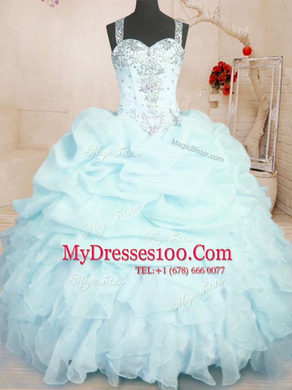 New Style Sleeveless Organza Floor Length Zipper Vestidos de Quinceanera in Light Blue with Beading and Ruffles and Pick Ups
