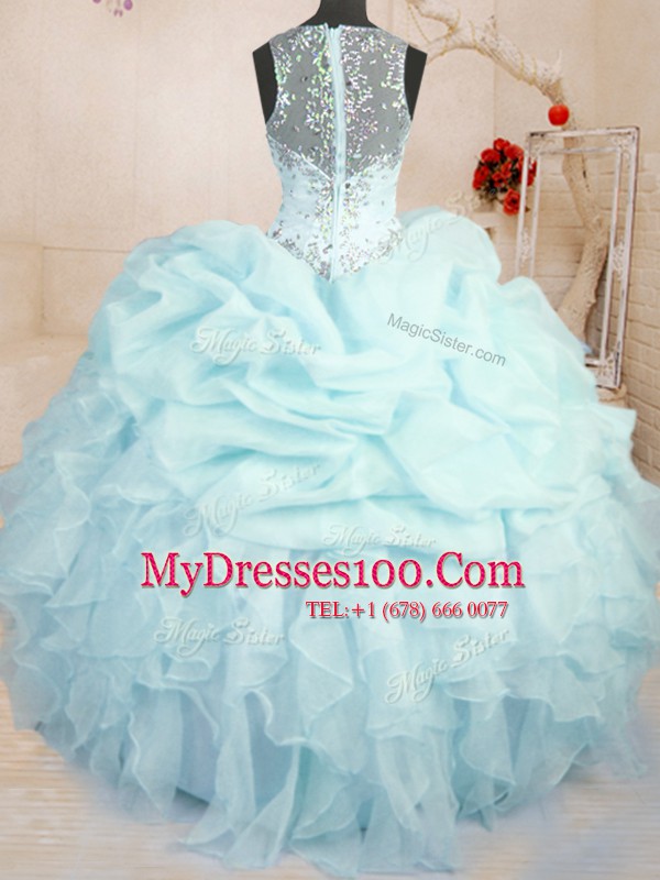 New Style Sleeveless Organza Floor Length Zipper Vestidos de Quinceanera in Light Blue with Beading and Ruffles and Pick Ups