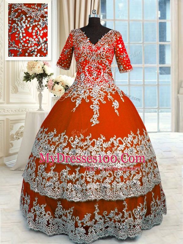 Tulle V-neck Half Sleeves Zipper Beading and Appliques and Ruffles Vestidos de Quinceanera in Orange Red