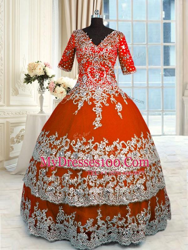 Tulle V-neck Half Sleeves Zipper Beading and Appliques and Ruffles Vestidos de Quinceanera in Orange Red