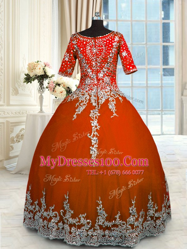 Tulle V-neck Half Sleeves Zipper Beading and Appliques and Ruffles Vestidos de Quinceanera in Orange Red