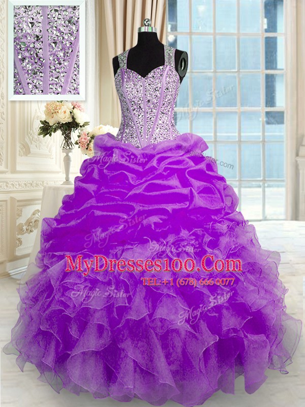 Lilac Sleeveless Floor Length Beading and Ruffles Zipper Vestidos de Quinceanera