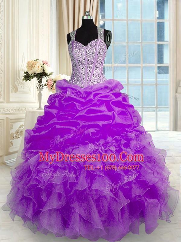 Lilac Sleeveless Floor Length Beading and Ruffles Zipper Vestidos de Quinceanera